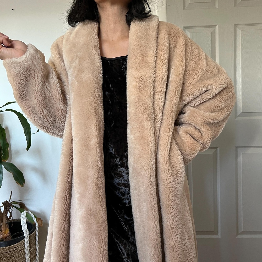 Vintage 50s Beige Faux Fur Swing Coat Old Hollywood Glam L XL - Picture 2 of 13